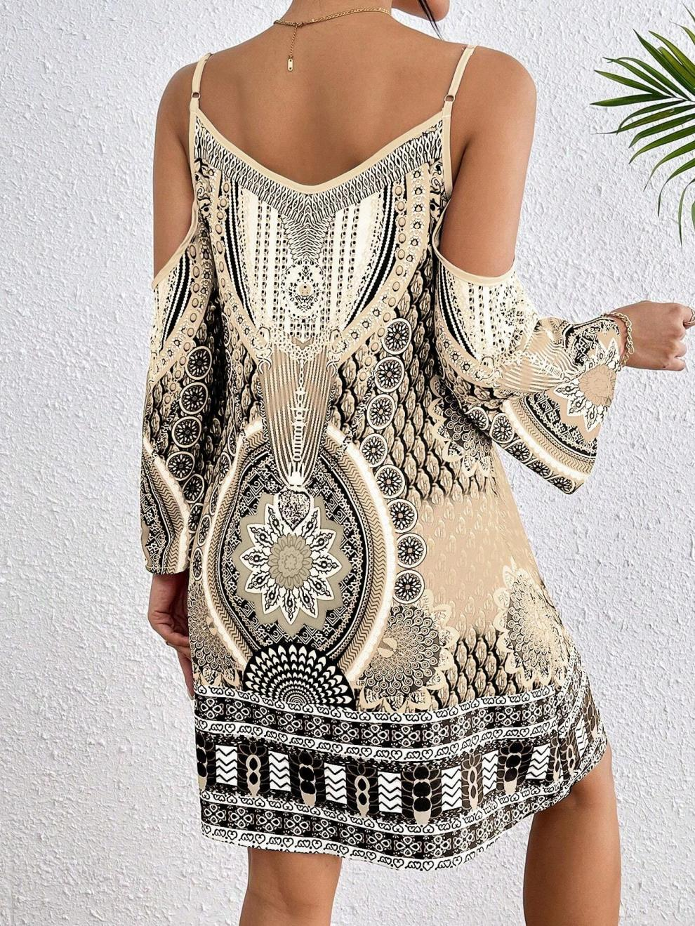 Beiges Boho-Kleid: Retro-Print, Cold-Shoulder & elegante Träger S-XL