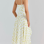Hellgelbes Sommerkleid: Blumenmuster, Bindeträger & Beinschlitz, Midi S-L