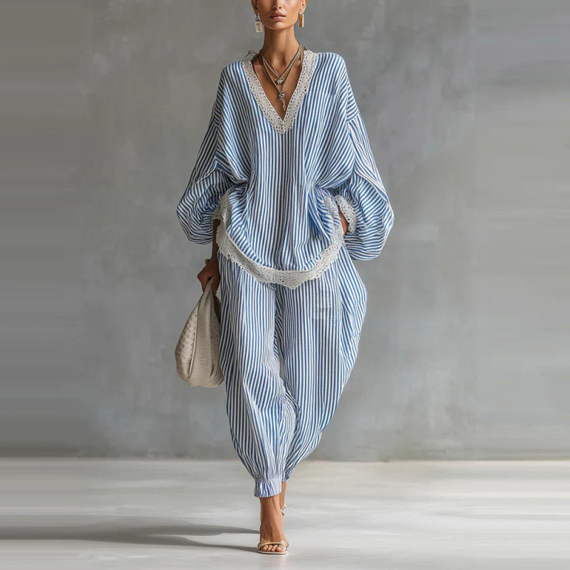 Blau-weiß gestreifter Zweiteiler: Damen-Set mit Spitze & weiter Hose S-2XL