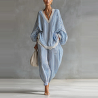 Blau-weiß gestreifter Zweiteiler: Damen-Set mit Spitze & weiter Hose S-2XL