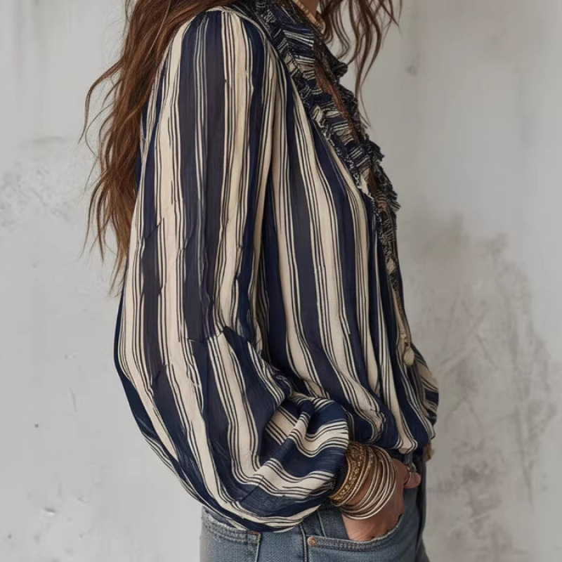 Damen Bluse Dunkelblau: Streifen-Muster, V-Ausschnitt & Rüschen, Chiffon S-2XL