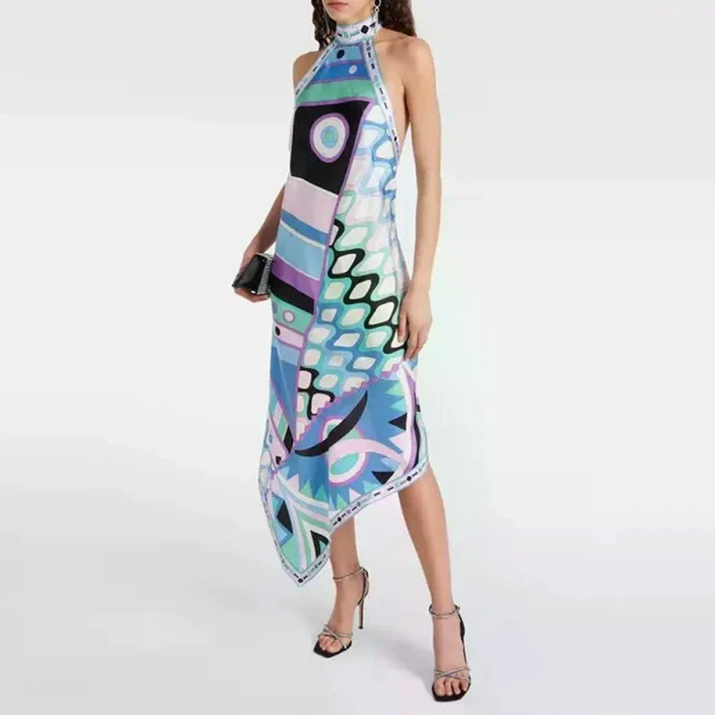 Türkises Neckholder-Kleid: Grafik-Print & asymmetrischer Maxischnitt S-2XL
