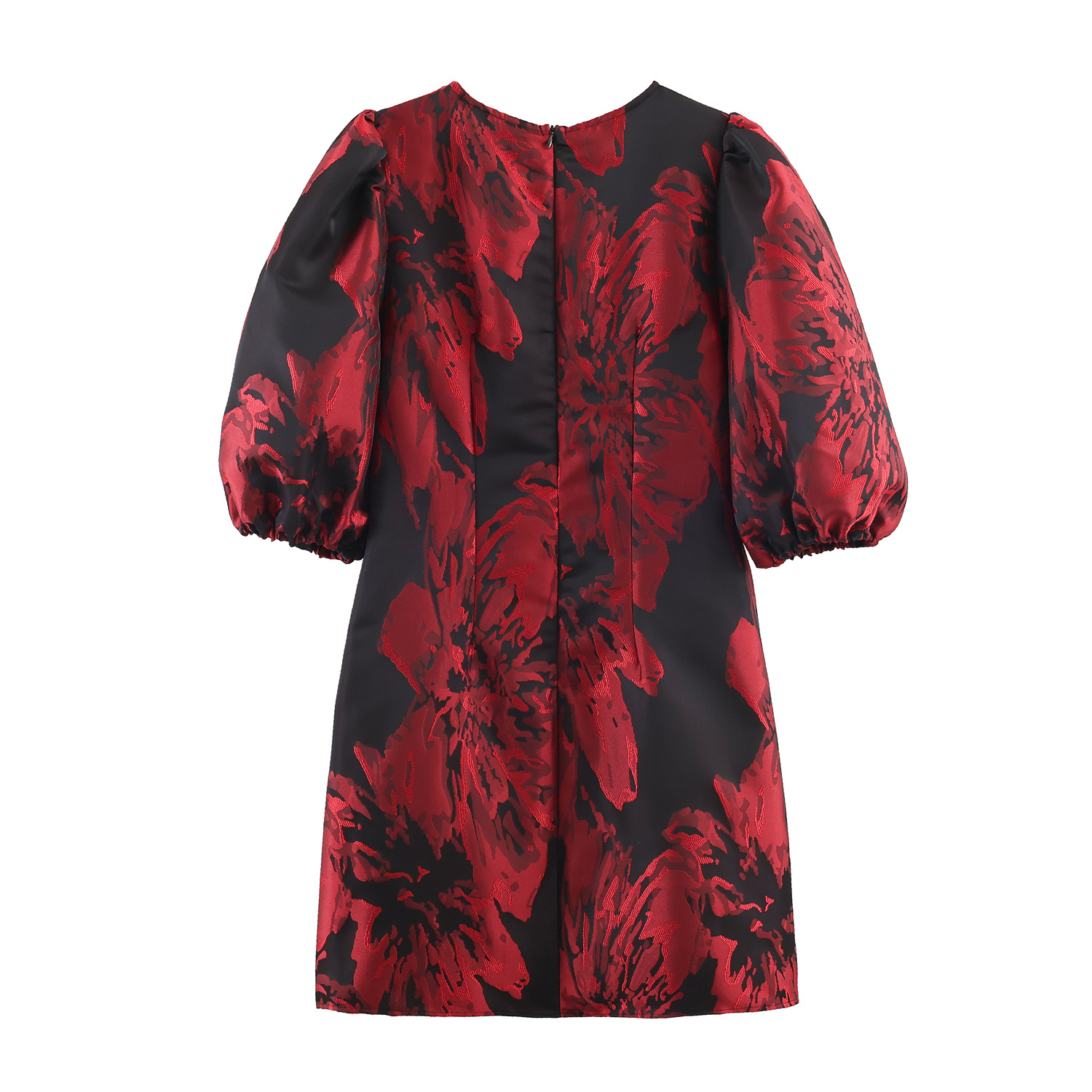 Dunkelrotes Jacquard-Kleid: V-Ausschnitt, Puffärmel & Edler Vintage-Stil S-XL