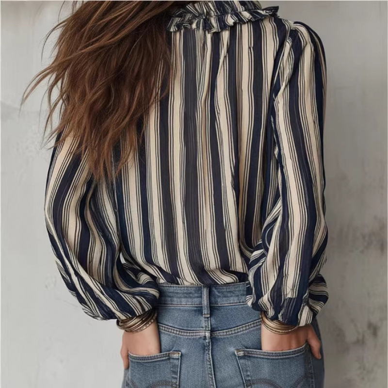 Damen Bluse Dunkelblau: Streifen-Muster, V-Ausschnitt & Rüschen, Chiffon S-2XL