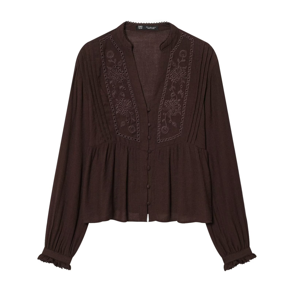 Dunkelbraune Bluse: Elegante Stickerei, V-Ausschnitt & leichter Stoff S-L