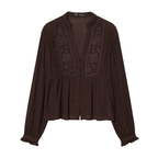 Dunkelbraune Bluse: Elegante Stickerei, V-Ausschnitt & leichter Stoff S-L