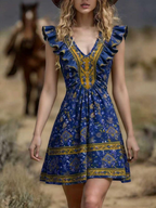 Blaues Boho-Minikleid: Ethno-Print & Rüschen in Gelb-Gold-Optik S-2XL