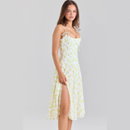 Hellgelbes Sommerkleid: Blumenmuster, Bindeträger & Beinschlitz, Midi S-L