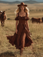 Dunkelbraunes Maxikleid: Off-Shoulder Sommerkleid mit Beinschlitz S-2XL