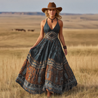 Graues Boho-Maxikleid: Retro Paisley-Print, V-Ausschnitt & Urlaubs-Look S-2XL