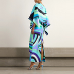 Türkises Set: Elegantes Maxikleid mit Cape & abstraktem Wellenprint S-2XL