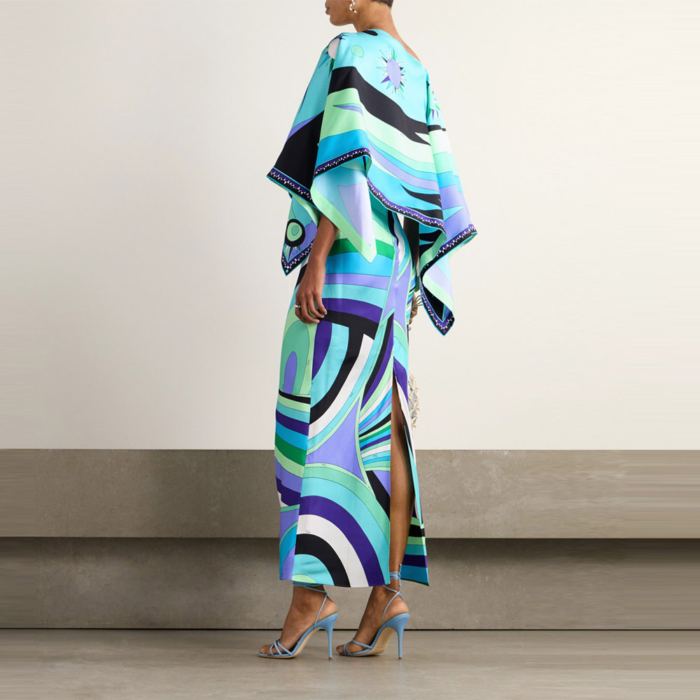 Türkises Set: Elegantes Maxikleid mit Cape & abstraktem Wellenprint S-2XL