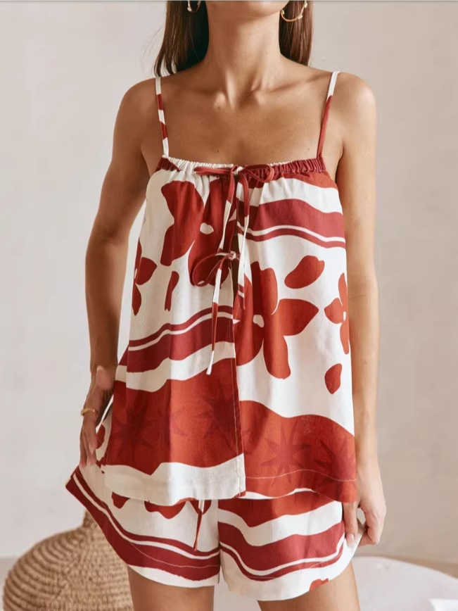 Rotes Leinen Set Damen: Boho Kurzarm Hemd & Weite Hose, Sommer Look S-2XL