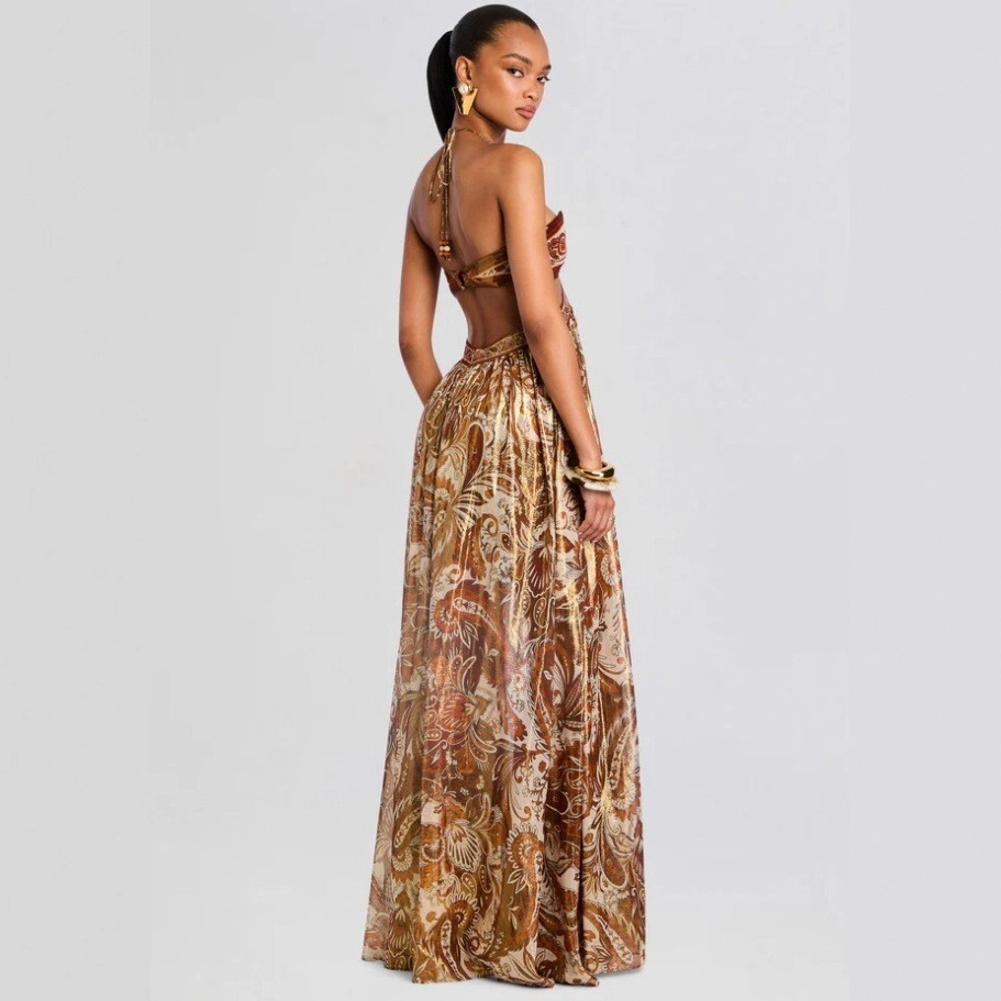 Braunes Boho-Maxikleid: Neckholder-Design & Seitliche Cut-Outs S-L