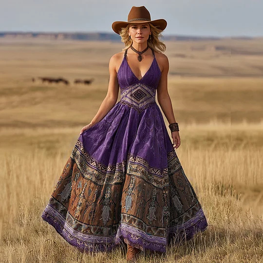Lila Boho-Maxikleid: Retro Paisley-Print, V-Ausschnitt & Urlaubs-Look S-2XL