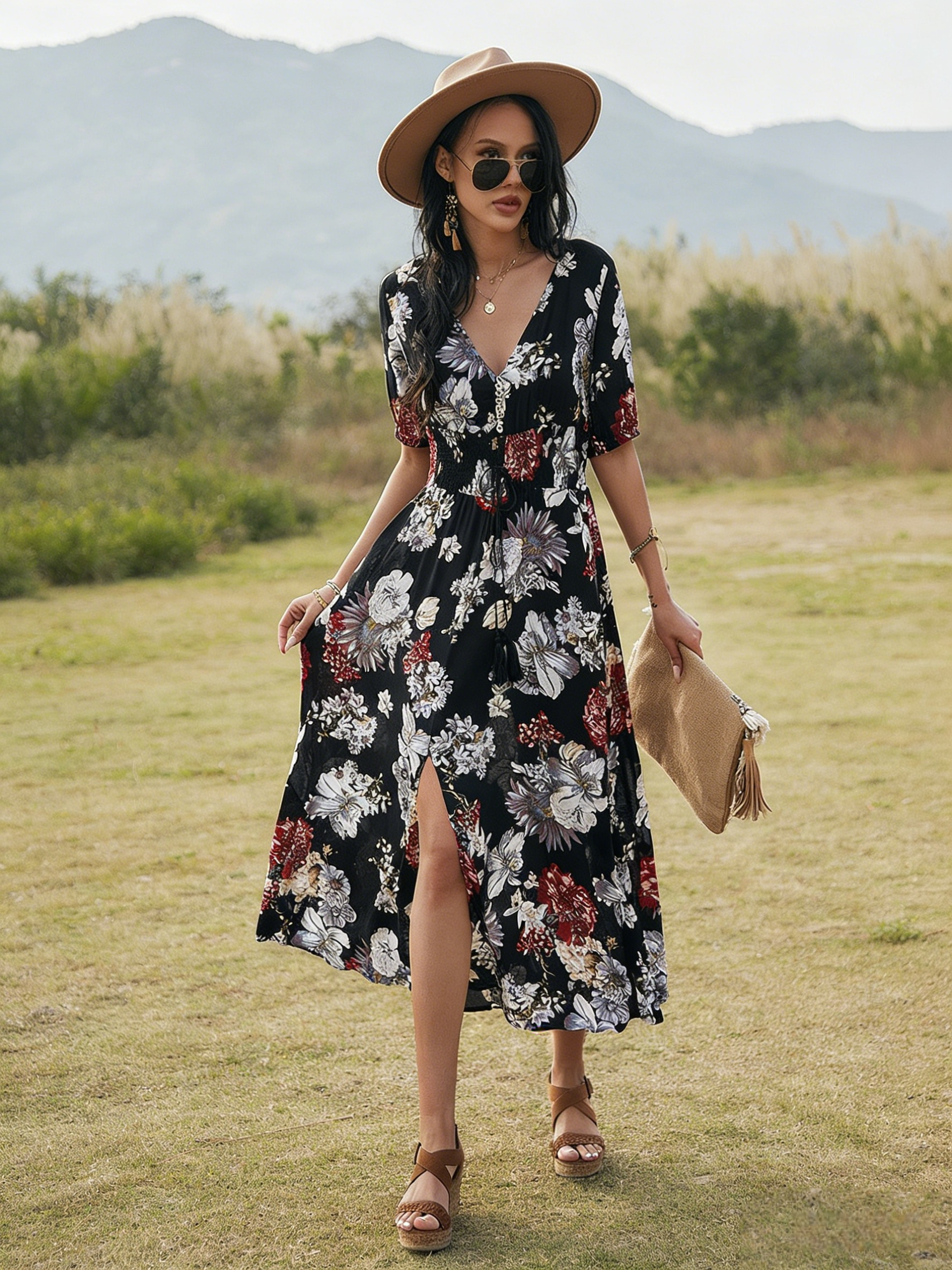 Boho Damen Midikleid Schwarz: Luftiges Sommerkleid mit Floral-Print & V-Ausschnitt, Vintage Hippie-Style A-Linien Kleid mit Taillenzug, Frühling/Sommer S-3XL
