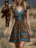 Braunes Boho-Minikleid: Ethno-Print & Rüschen in Hellblau-Türkis S-2XL