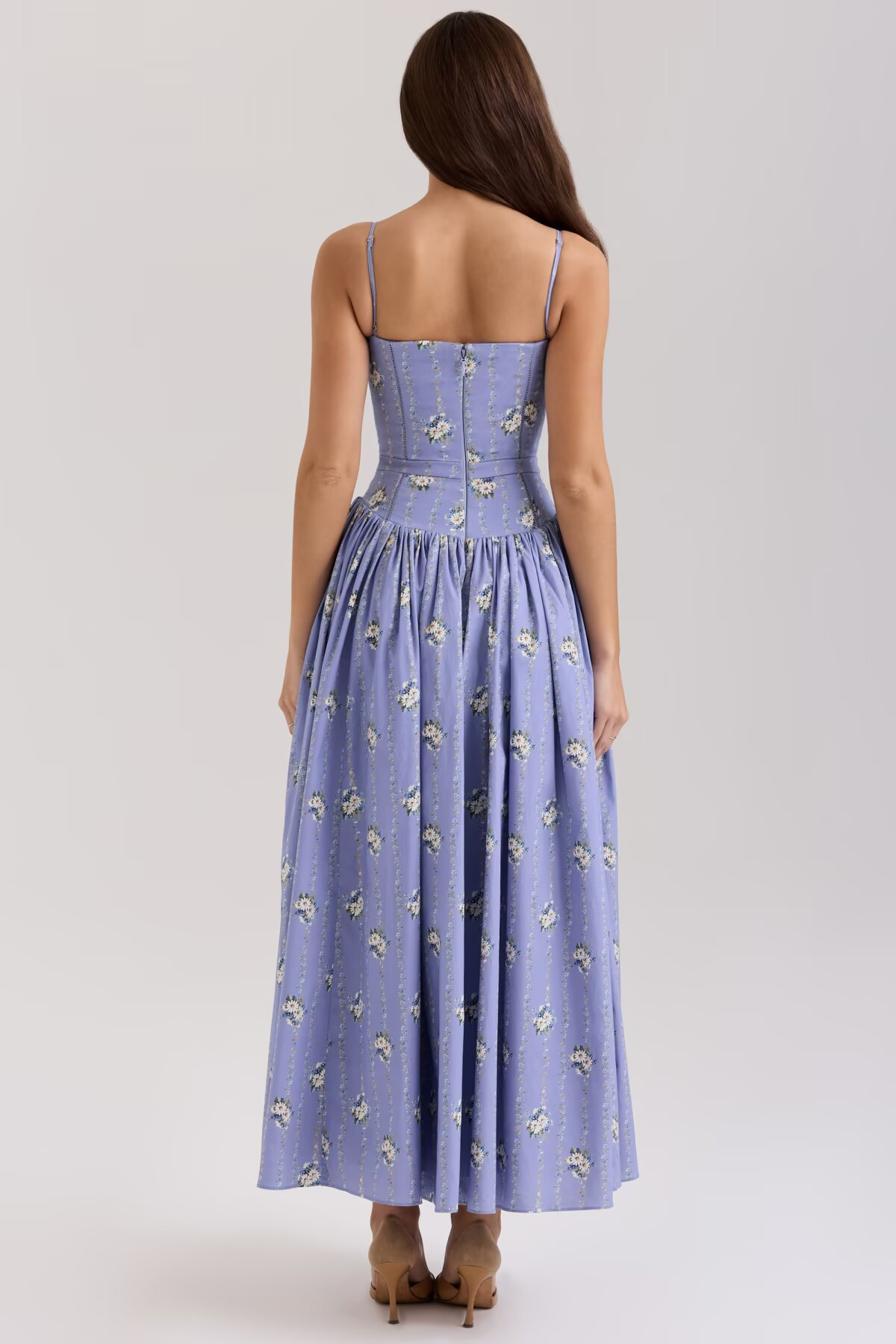Hellblaues Midi-Sommerkleid mit Blumenmuster: Französischer Stil & Spitze S-L