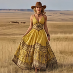 Gelbes Boho-Maxikleid: Paisley-Print, V-Ausschnitt & Urlaubs-Look S-2XL