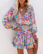 Damen Minikleid Lila Bunt: Elegantes V-Ausschnitt Boho Kleid mit Print, Figurbetontes Langarm Rüschenkleid für Sommer & Freizeit-Look S-2XL