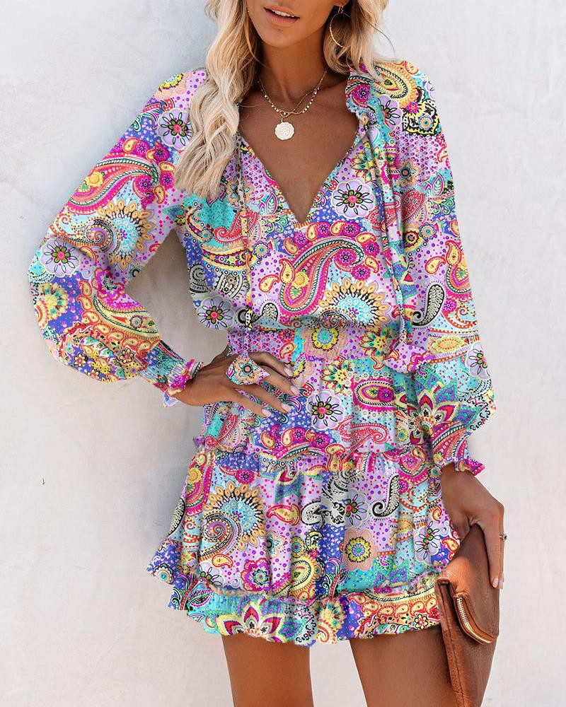Damen Minikleid Lila Bunt: Elegantes V-Ausschnitt Boho Kleid mit Print, Figurbetontes Langarm Rüschenkleid für Sommer & Freizeit-Look S-2XL