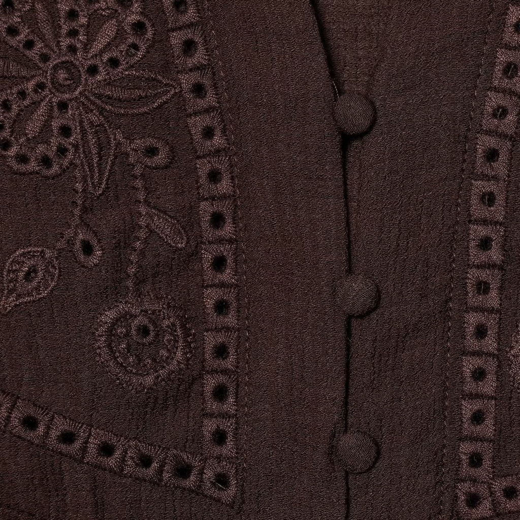 Dunkelbraune Bluse: Elegante Stickerei, V-Ausschnitt & leichter Stoff S-L