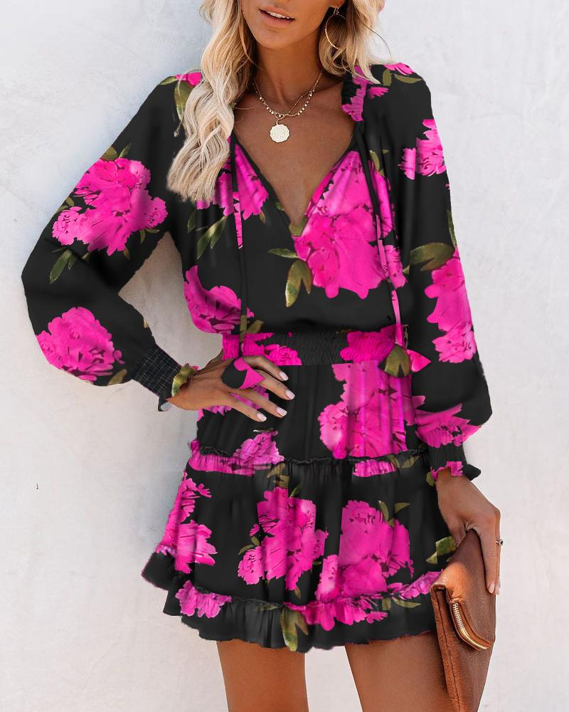 Damen Minikleid Schwarz Pink: Elegantes Boho Kleid mit Blumenprint & V-Ausschnitt, Figurbetontes Langarm Rüschenkleid für Sommer & Party S-2XL