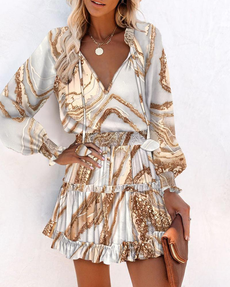 Damen Minikleid Sand: Elegantes V-Ausschnitt Boho Kleid mit Print, Figurbetontes Langarm Rüschenkleid für Sommer & Freizeit-Look S-2XL