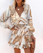 Damen Minikleid Sand: Elegantes V-Ausschnitt Boho Kleid mit Print, Figurbetontes Langarm Rüschenkleid für Sommer & Freizeit-Look S-2XL