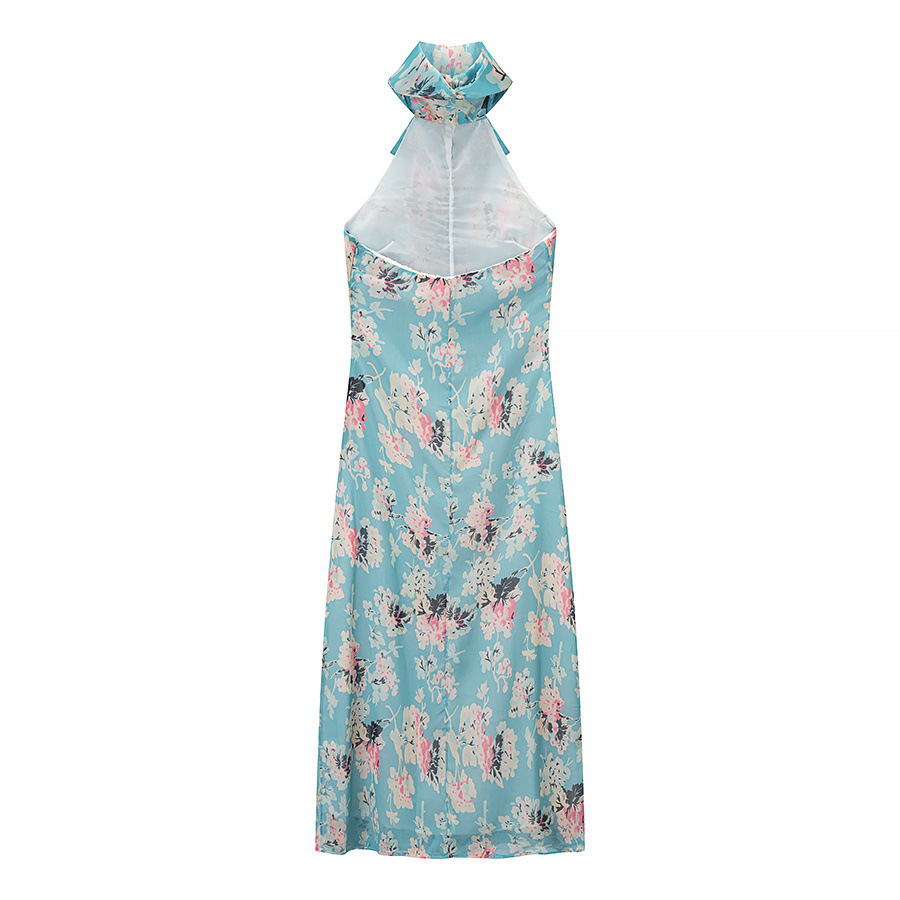 Hellgrünes Boho-Maxikleid: Blumenmuster, Stehkragen & Rüschen-Saum S-L