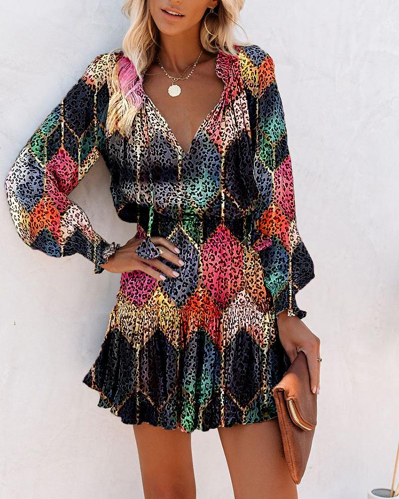 Damen Minikleid Schwarz Bunt: Elegantes V-Ausschnitt Boho Kleid mit Print, Figurbetontes Langarm Rüschenkleid für Party & Freizeit S-2XL