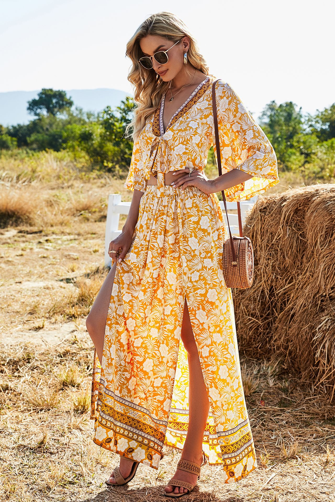 Boho Damen Sommer-Set Gelb: V-Ausschnitt Top & Maxi-Rock mit Schlitz, Luftiger Zweiteiler mit Blumen-Print für Urlaub & Strand, Frühling/Sommer S-L