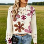 Damen Strickpullover Beige: Altrosa Blumen-Print mit Ajour-Strick, Elegantes Lochmuster Oberteil für Frühling, Herbst & Winter S-4XL
