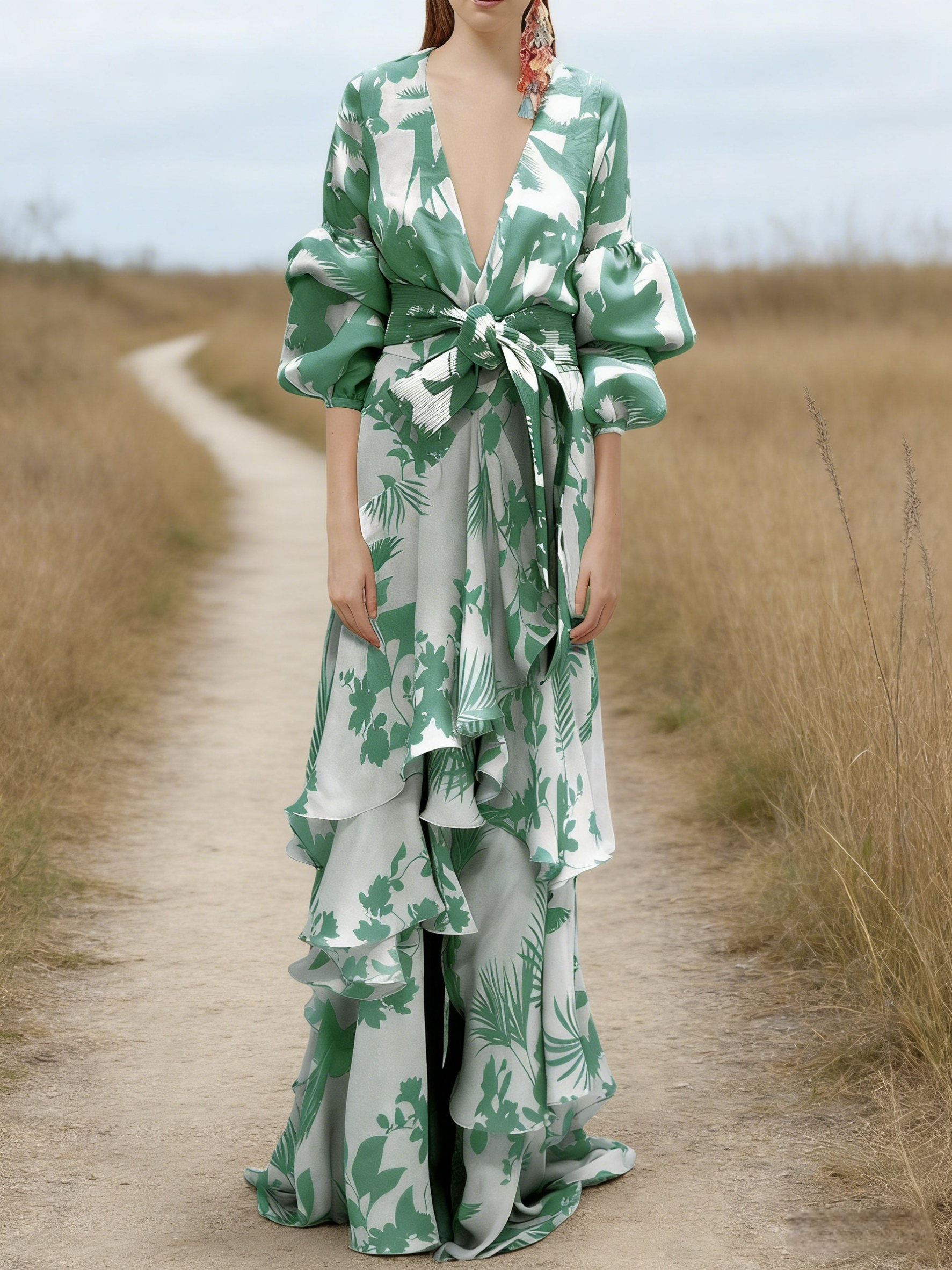 Damen Boho-Maxikleid Minzgrün: Elegantes Urlaubskleid mit Tropen-Print & V-Ausschnitt, Asymmetrisches Volantkleid mit Bindegürtel, Frühling/Sommer S-2XL