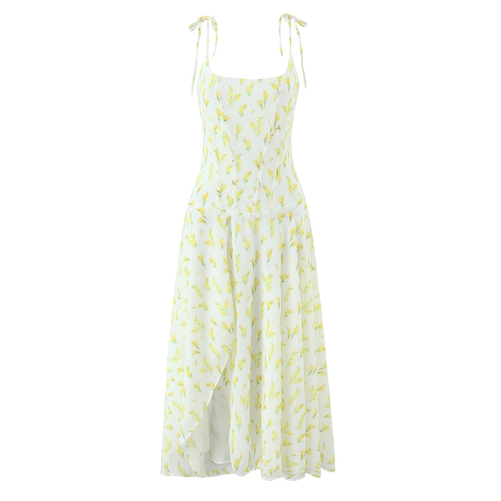 Hellgelbes Sommerkleid: Blumenmuster, Bindeträger & Beinschlitz, Midi S-L