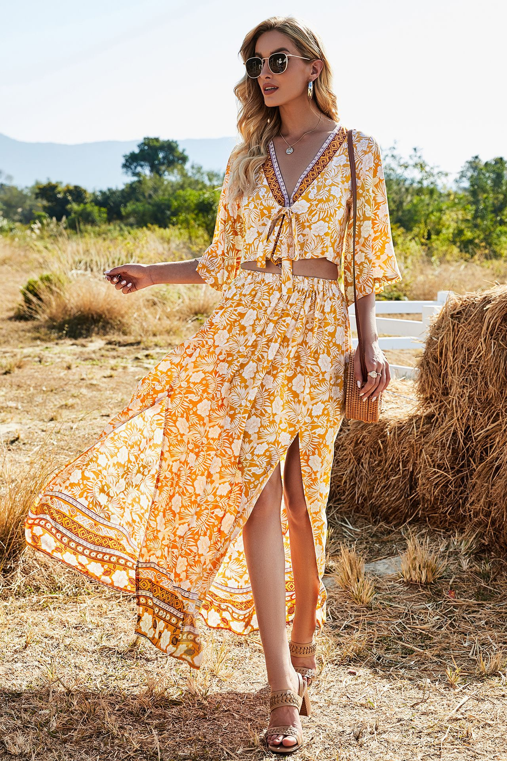 Boho Damen Sommer-Set Gelb: V-Ausschnitt Top & Maxi-Rock mit Schlitz, Luftiger Zweiteiler mit Blumen-Print für Urlaub & Strand, Frühling/Sommer S-L