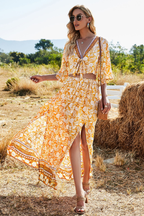 Boho Damen Sommer-Set Gelb: V-Ausschnitt Top & Maxi-Rock mit Schlitz, Luftiger Zweiteiler mit Blumen-Print für Urlaub & Strand, Frühling/Sommer S-L