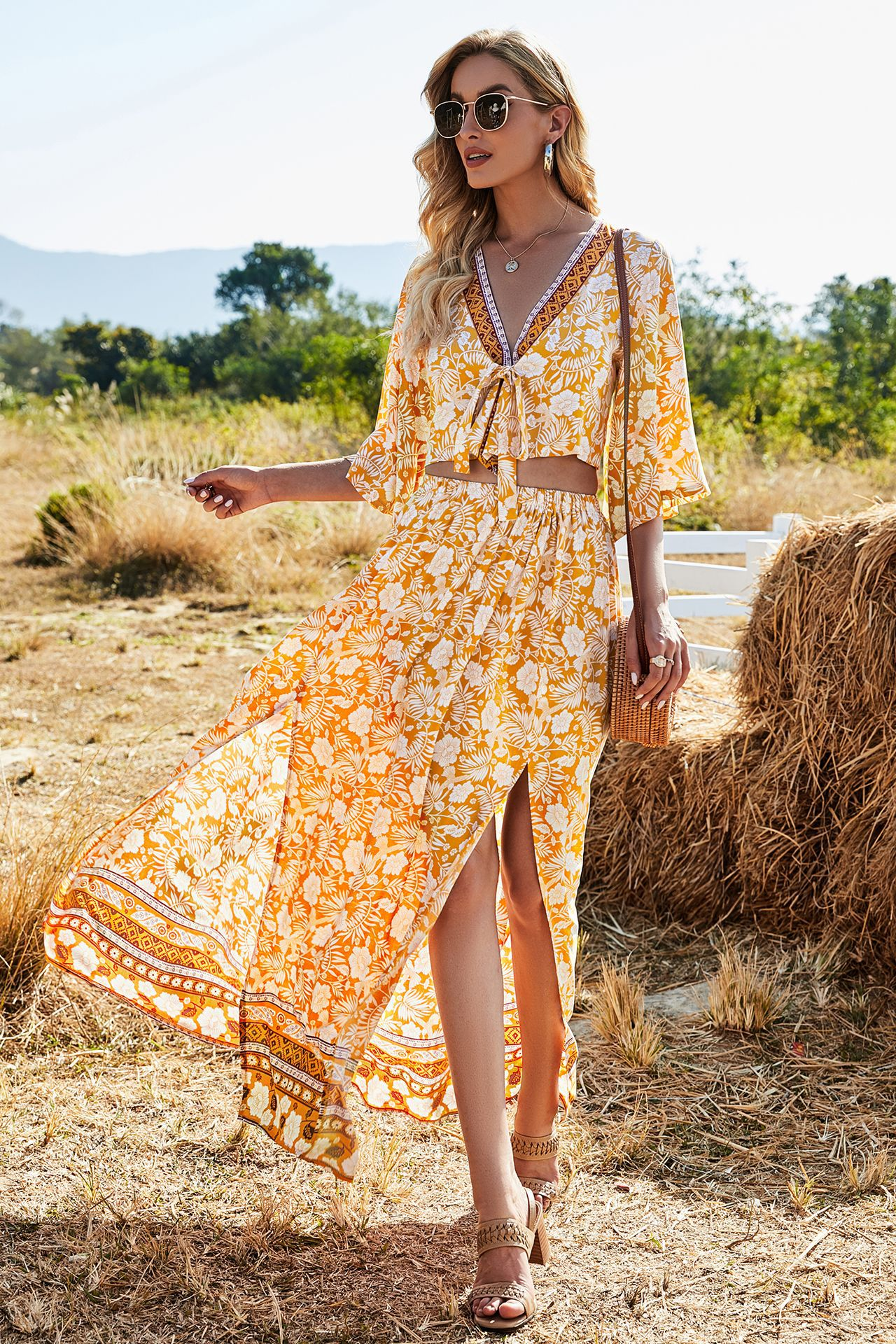 Boho Damen Sommer-Set Gelb: V-Ausschnitt Top & Maxi-Rock mit Schlitz, Luftiger Zweiteiler mit Blumen-Print für Urlaub & Strand, Frühling/Sommer S-L