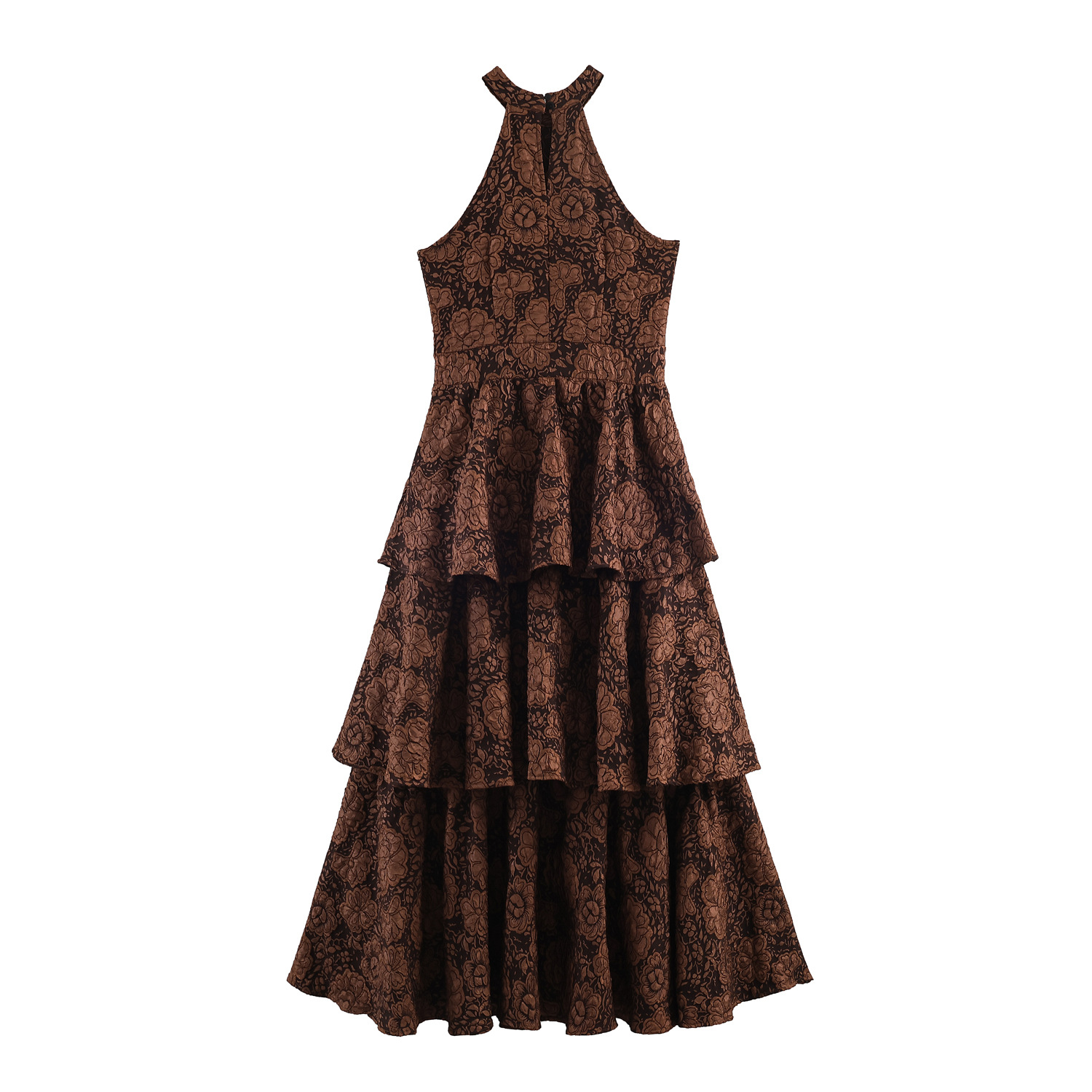 Braunes Jacquard-Maxikleid: Neckholder, Gestufter Rock & Boho-Eleganz XS-L