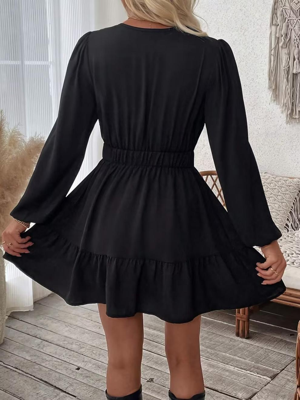 Damen Boho Minikleid Schwarz: Besticktes V-Ausschnitt Kleid, Tailliertes Langarm Herbstkleid mit Blumen-Stickerei & Volants für Freizeit S-XL