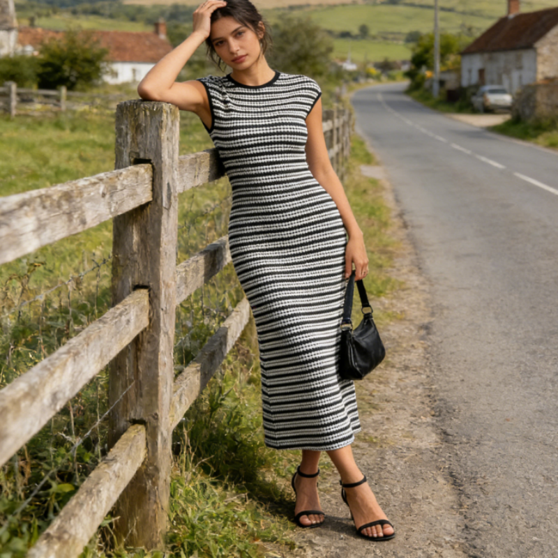 Damen Strickkleid gestreift: Figurbetontes Midikleid mit Rundhals – Elegantes Etui-Kleid in Feinstrick für Business & Freizeit S-L