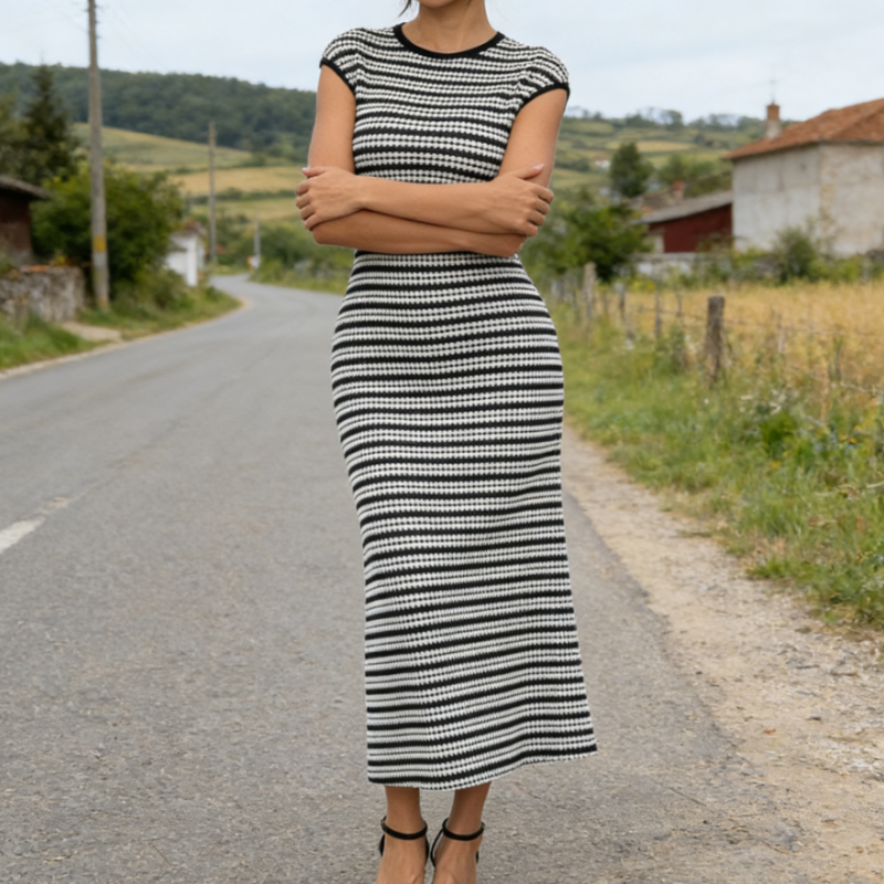 Damen Strickkleid gestreift: Figurbetontes Midikleid mit Rundhals – Elegantes Etui-Kleid in Feinstrick für Business & Freizeit S-L