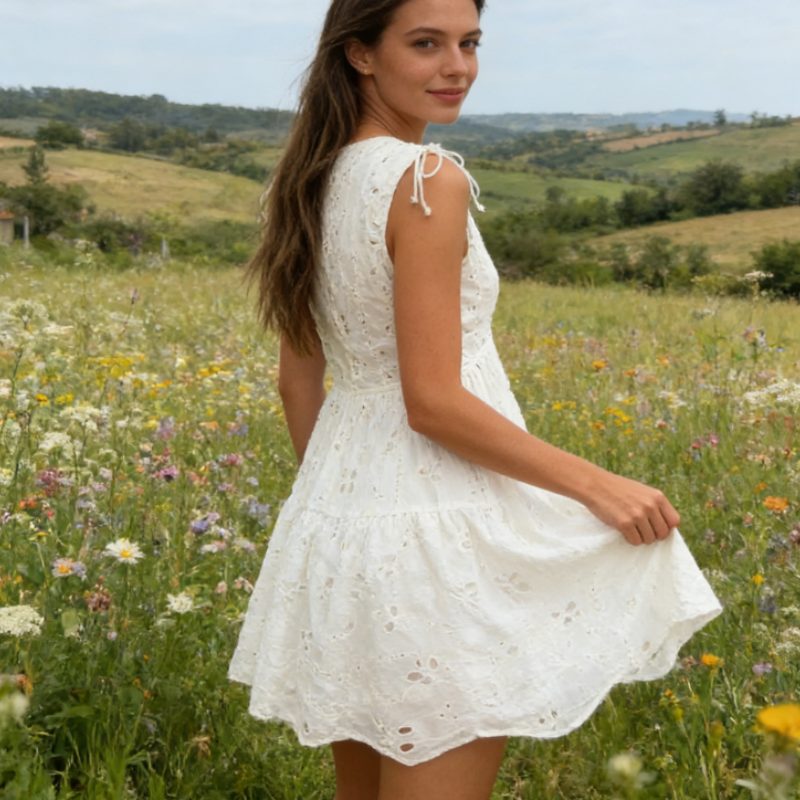 Damen Minikleid Weiß Spitze, V-Ausschnitt Cocktailkleid Figurbetont, Besticktes Sommerkleid Ärmellos/Kurzarm, Festliche Mode S-L