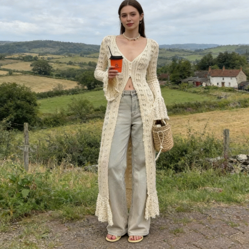 Damen Grobstrick-Cardigan mit Lochmuster: Langer Oversized Strickmantel mit Trompetenärmeln – Luftige Boho Strickjacke für Herbst & Frühling S-L