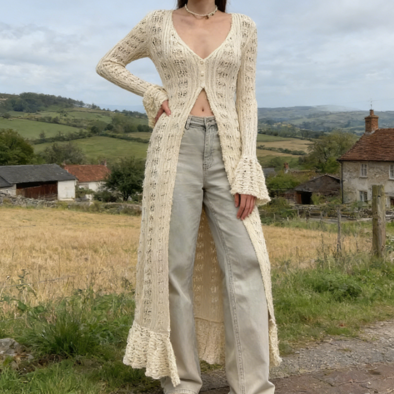 Damen Grobstrick-Cardigan mit Lochmuster: Langer Oversized Strickmantel mit Trompetenärmeln – Luftige Boho Strickjacke für Herbst & Frühling S-L