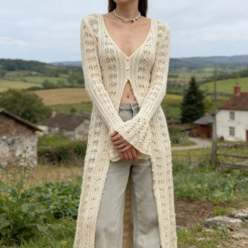 Damen Grobstrick-Cardigan mit Lochmuster: Langer Oversized Strickmantel mit Trompetenärmeln – Luftige Boho Strickjacke für Herbst & Frühling S-L
