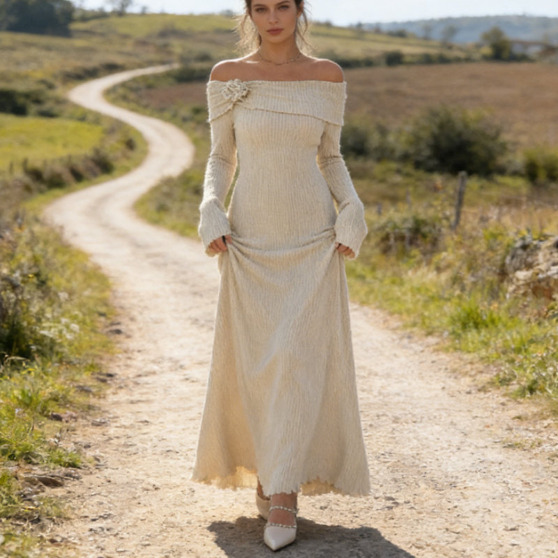 Exklusives Damen Strick-Maxikleid mit 3D-Blumen: Elegantes Off-Shoulder Abendkleid & Bodenlanges Resort-Kleid für den Urlaub