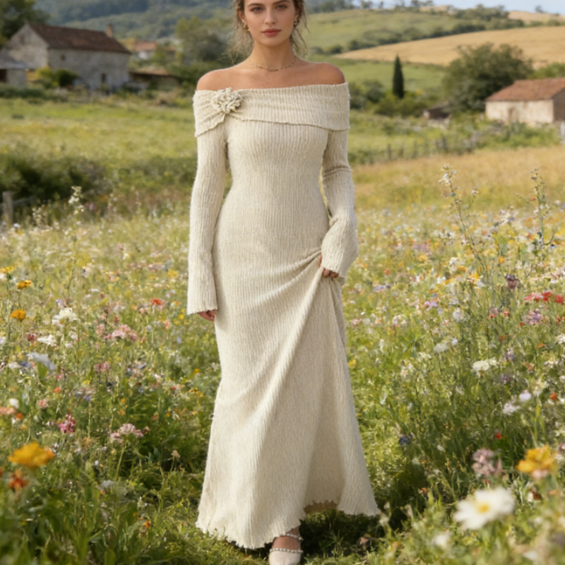 Exklusives Damen Strick-Maxikleid mit 3D-Blumen: Elegantes Off-Shoulder Abendkleid & Bodenlanges Resort-Kleid für den Urlaub