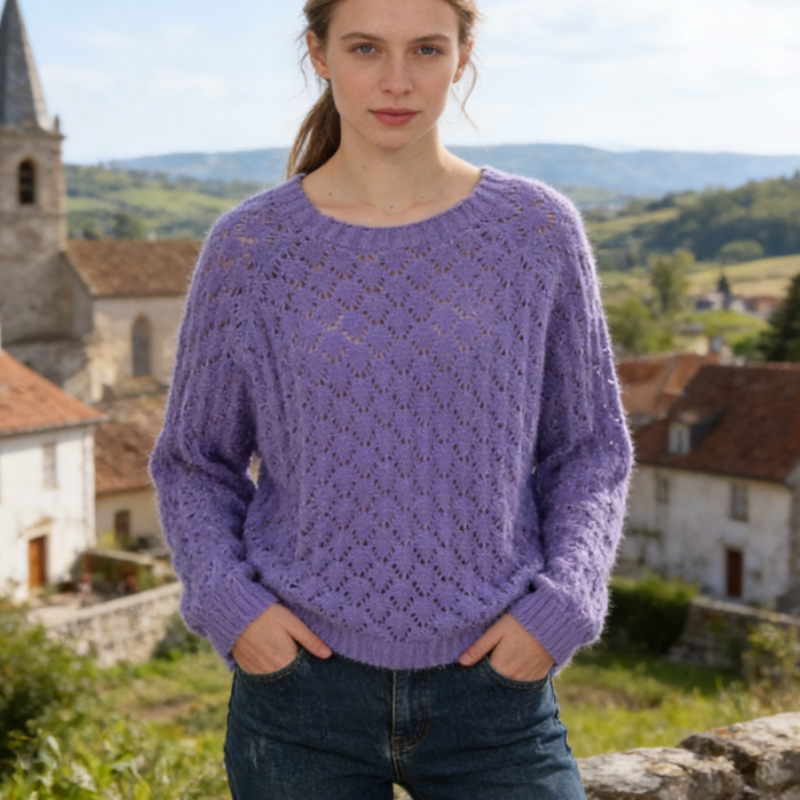 Damen Seamless-Strickpullover Rundhals – Nahtloser Pullover mit Lochmuster, Luftige Strickweste in Flieder / Weiß / Schwarz