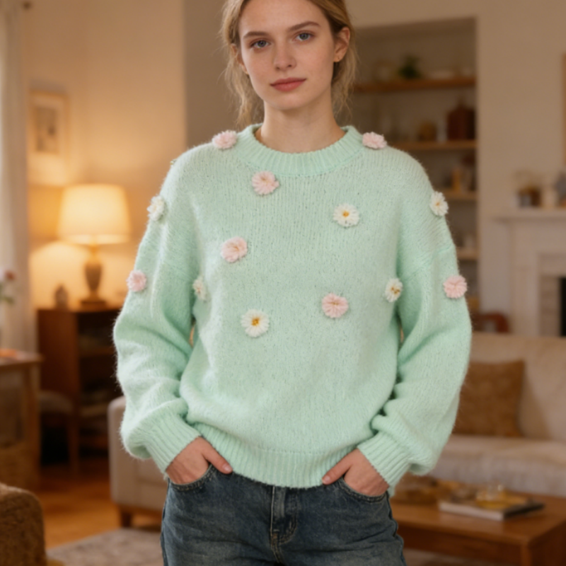 Damen Strickpullover Minzgrün mit Häkelblumen – Pastell Sommerstrick-Pulli, Lockerer Casual Look für Frühling